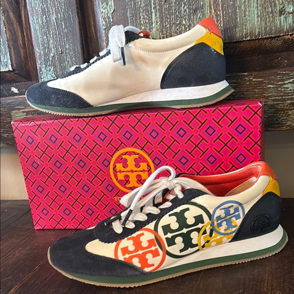 Tory Burch White and Orange Sneakers with Logo Accents